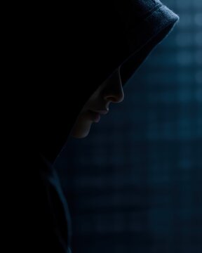 female hacker coding virus program in dark room cyber attack technology concept