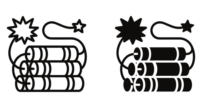 Dynamite bundle icon set with burning fuse and spark symbol for demolition mining danger warning and explosive material concept