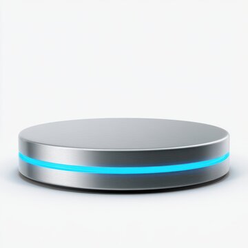 metallic display podium, cyber blue neon accents, isolated white background