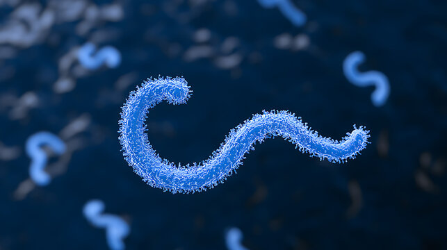 Microscopic View of Blue Worm-like Microorganisms in a Dark Liquid Environment, Emphasizing Intricate Surface Detail and Viral Forms