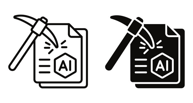 Information extraction icon featuring pickaxe and document representing data mining technology machine learning automation and digital knowledge discovery for business