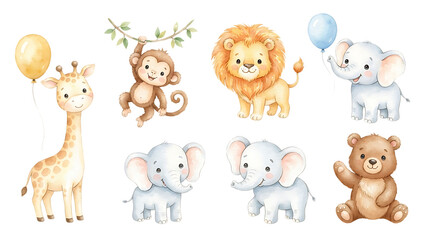 Obraz premium A set of cute watercolor baby animals including a giraffe, monkey, lion, elephant, and bear, , for nursery decor isolated on a transparent background