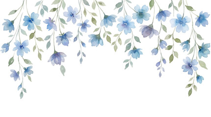 Fototapeta premium A hanging border of delicate blue watercolor flowers and green leaves, , for stationery, and frame isolated on a transparent background