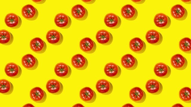 Small red tomatoes moving in diagonal lines in animated food pattern. Concept of sauce advertising, pizza menus, farm produce promotion and social media food graphics.
