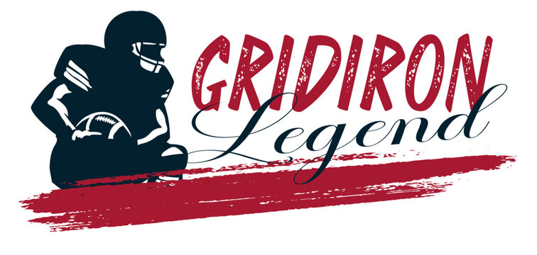 Navy and red football player illustration with bold 'Gridiron Legend' script lettering. A bold sports design perfect for apparel, mugs and game day merchandise.