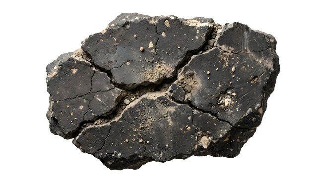 A dark textured piece of meteorite fragment isolated on a clean white background for scientific study