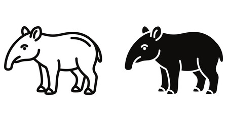 Obraz premium Tapir animal icon set featuring outline and solid silhouette versions of a wild mammal with a long snout and ears