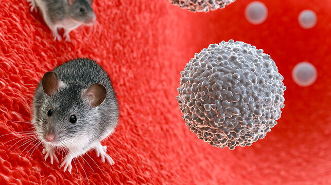 Tiny mouse, Mus musculus, and a magnified microscopic cell in a conceptual red-toned environment, representing scientific study and research