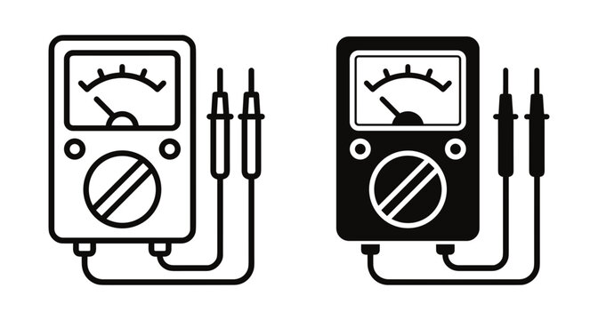 Analog multimeter icon set showing electrical testing equipment with probes for measuring voltage current and resistance in outline and solid styles