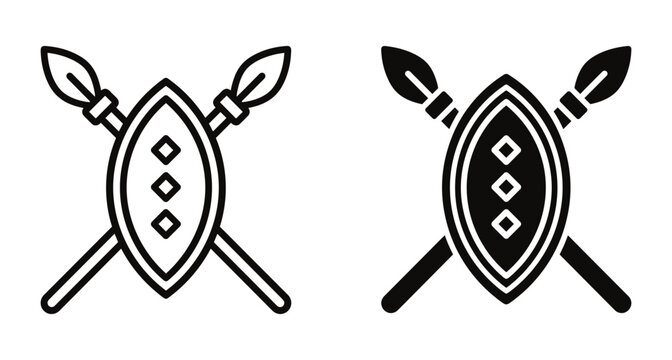 African tribal shield and crossed spears icon set representing traditional warrior culture heritage ethnic protection defense and ancient combat equipment