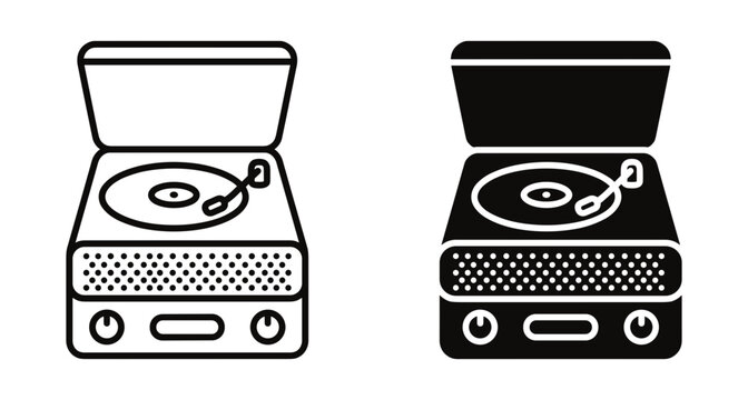 Vintage record player turntable icon set with outline and solid black glyph styles for music audio equipment design elements collection
