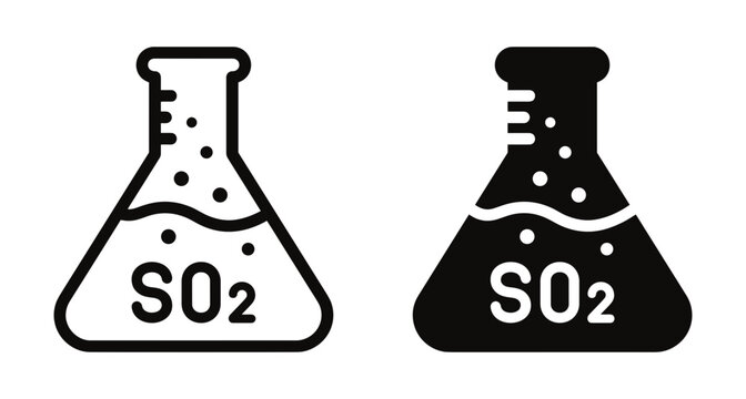 Sulfur dioxide chemical formula SO2 in laboratory conical flask icons with bubbles representing gas or liquid solution for science research