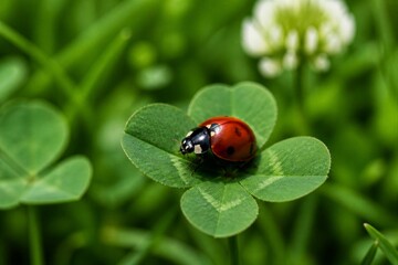 Fototapeta premium Ladybug resting on clover leaf during green grass background