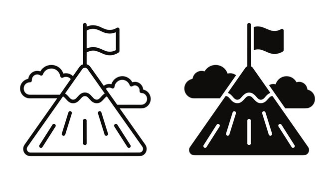 Mountain peak summit with flag on top and clouds icon set representing achievement success goal reaching height climbing adventure hiking