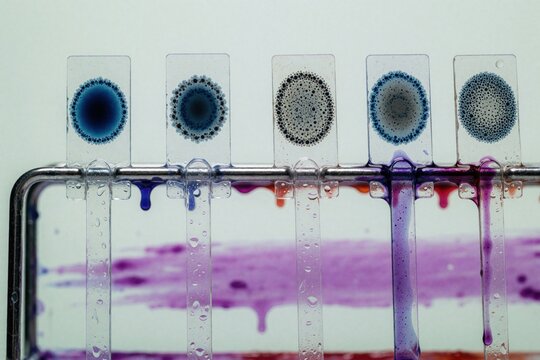 Five stained microscope slides show bacterial colonies under analysis. Liquid dyes drip down glass panes from the specimens. Science and medicine lab work involves microscopic study.