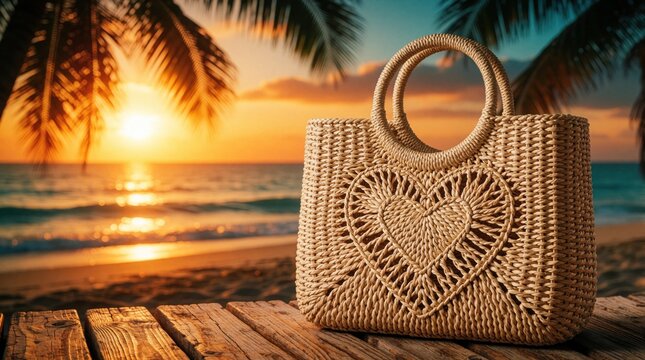 Woven straw tote bag with heart detail sits on wooden pier. Tropical beach sunset creates romantic vacation mood. Palm trees frame ocean waves.