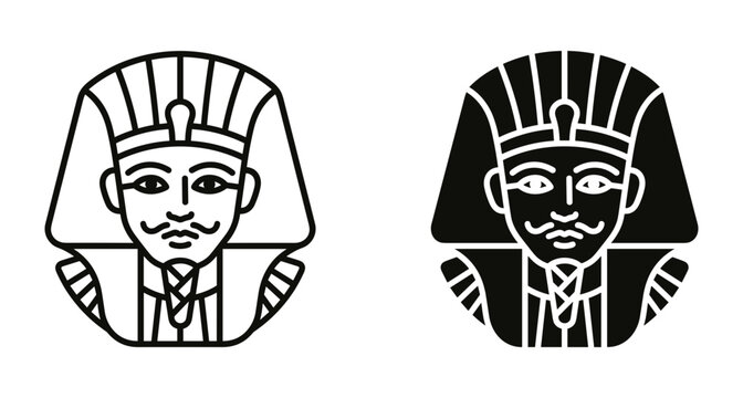 Egyptian pharaoh head icon set featuring ancient king with nemes headdress in minimalist black line art and solid silhouette style