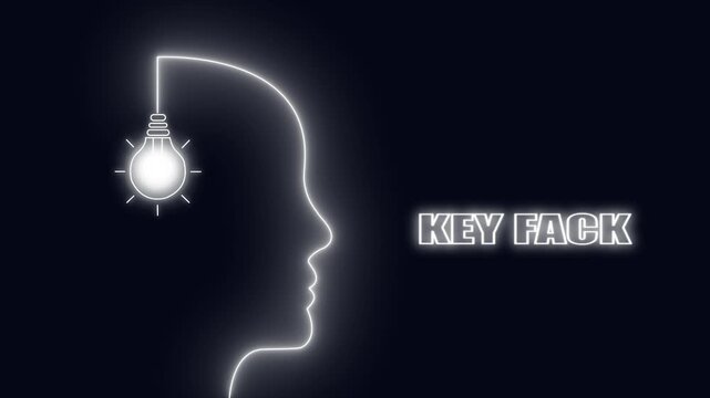 Glowing light bulb above human head silhouette with text KEYFACK on dark background idea