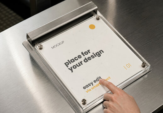 Hand Pointing Square Page Menu with Acrylic Mockup on Stainless Steel