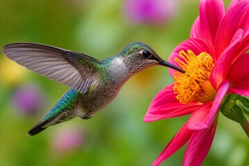 Obraz premium Hummingbird feeding from bright pink flower in garden setting