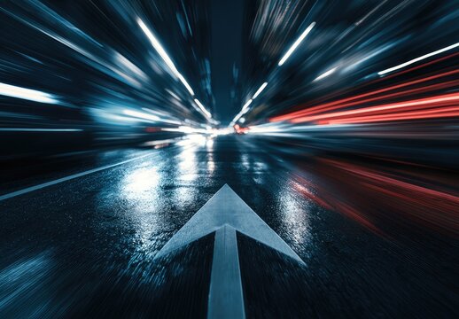 Blurry street lights streak by a large white arrow on wet asphalt