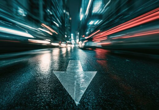 Streaking lights blur into a dark, wet road with a downward arrow