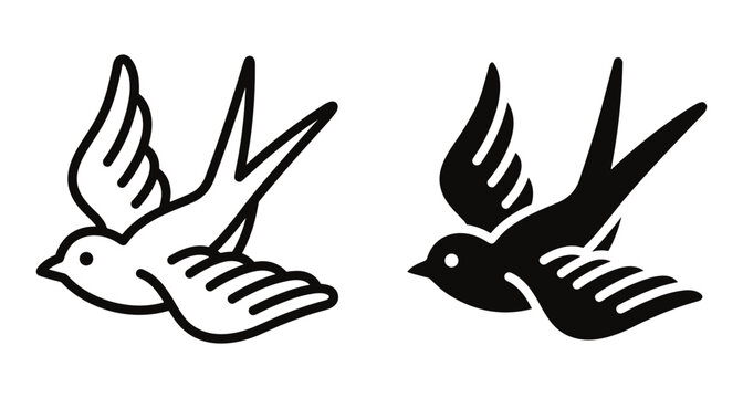 Swallow bird flying icon set with outline and solid silhouette styles for nature wildlife logo design and graphic illustration projects