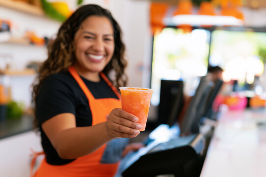 Hispanic woman serving an orange beverage at a cafe, smiling female food service worker in orange apron, seasonal Halloween drink. 