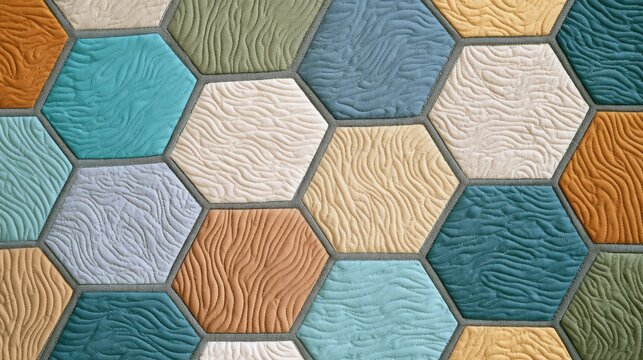 Textured hexagonal tiles in earthy and aquatic tones, creating a geometric mosaic