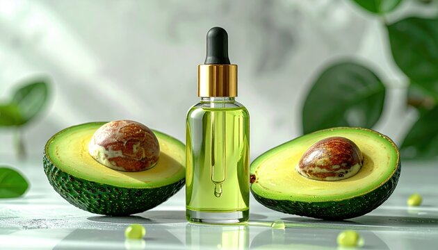 Cosmetic serum bottle with avocado slices on transparent background