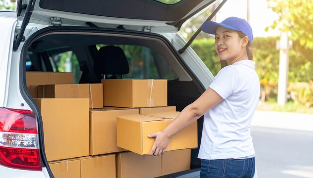 Courier loading packages into car, transportation concept