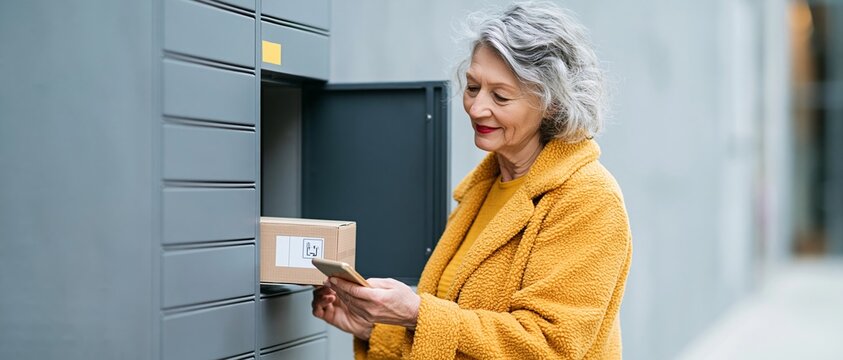 Senior woman retrieving package from locker