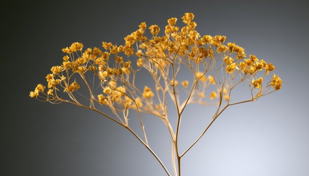 Delicate dried yellow umbel flower against a muted grey gradient background