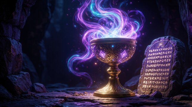 Mystical golden chalice glows with purple, blue magic energy inside dark cave. Ancient stone tablet with runes stands nearby. Enchanted ritual scene features magical spell effects, mysterious occult