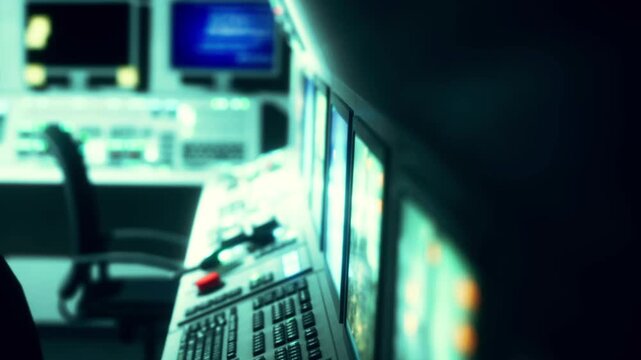A control room with various screens and control panels. The setup is active late at night, reflecting a busy work atmosphere with bright displays.
