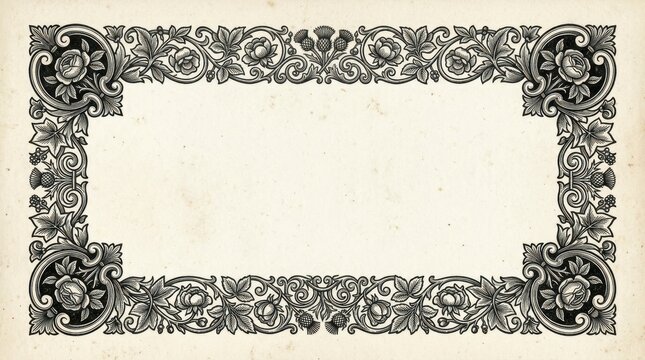Ornate black and white floral border with roses and thistles surrounds a textured antique paper background. Elegant and classic, ideal for invitations, certificates, or formal designs.