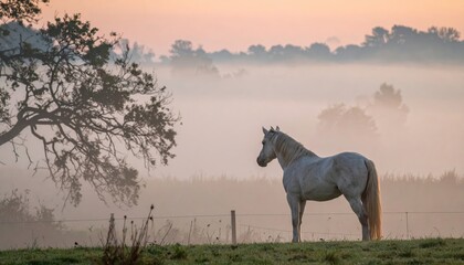 Fototapeta premium white horse standing in morning fog