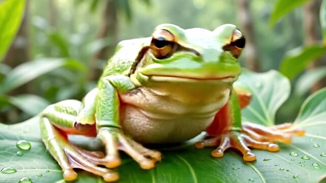 Close-Up Macro Shot of Green Tree Frog Resting on Broad Leaf in Tropical Rainforest