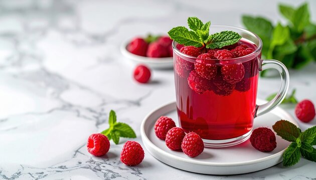 raspberry tea with fresh berries and mint on marble table