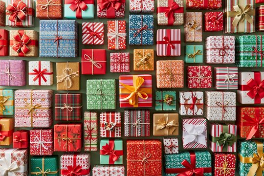 A festive collection of beautifully wrapped christmas presents arranged neatly on a green background