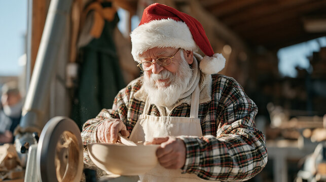 A woodturner in a sunlit workshop at harsh midday, shaping a lathe-spun bowl while dressed in a Santa hat for a team holiday photo, sawdust catching the bright light, the single