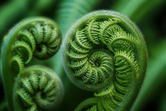 Fern fiddleheads uncurling new fronds in green closeup