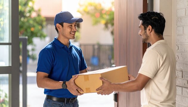 Courier handing package to customer at doorstep