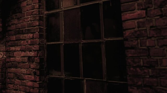 The scene shows a dark brick wall with a window. The window has multiple panes, some are covered with dirt. It is nighttime and a faint light shines through.