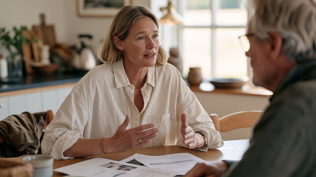 Mortgage broker sits at a farmhouse kitchen table in a quiet rural village, the candid unposed moment catching her mid sentence with papers spread, her client staring out the