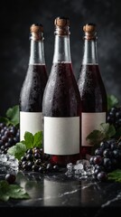 Obraz premium Premium Red Fruit Beverage Bottles with Black Grapes and Ice