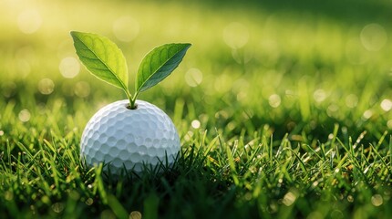 Naklejka premium Golf ball sprouts new green leaves on rich grass field at sunrise. Concept of growth renewal nature and sport sustainability ecology and future hope.