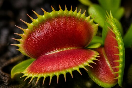 Venus flytrap opened trap against dark damp soil background