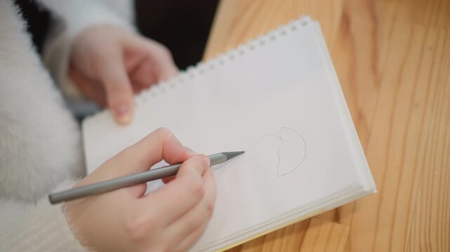 Over-shoulder view of hands drawing light circular shapes on spiral-bound notepad while left hand steadies page on wooden tabletop, with soft indoor light, slight pen blur, and creative focus