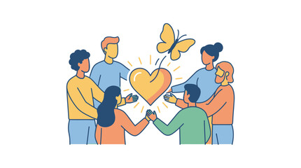 Fototapeta premium Diverse group holding hands around heart with butterfly.